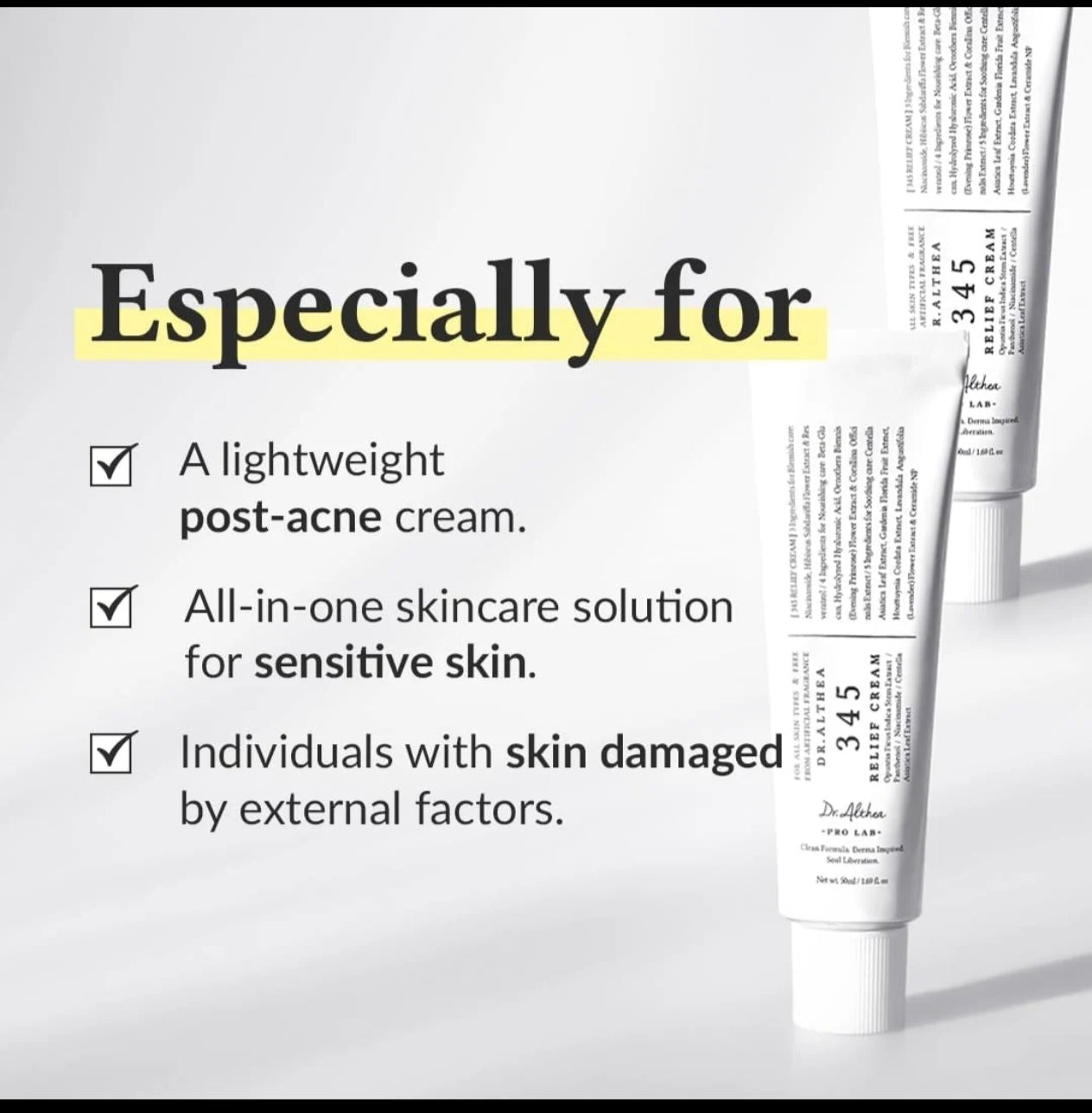 Dr. Althea 345 Relief Cream (Pack of 2 Bundle)Blemish Care (3 Ingredients): Niacinamide, Hibiscus Sabdariffa Flower Extract, and Resveratrol.
Nourishing Care (4 Ingredients): Beta-Glucan, Hydrolyzed Hyaluronic Acid, Oenothera Biennis (Evening Primrose)