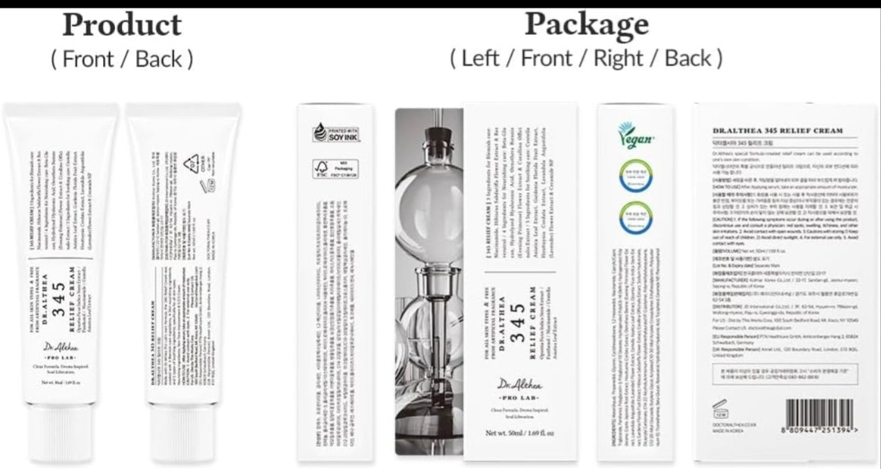Dr. Althea 345 Relief Cream (Pack of 2 Bundle)Blemish Care (3 Ingredients): Niacinamide, Hibiscus Sabdariffa Flower Extract, and Resveratrol.
Nourishing Care (4 Ingredients): Beta-Glucan, Hydrolyzed Hyaluronic Acid, Oenothera Biennis (Evening Primrose)